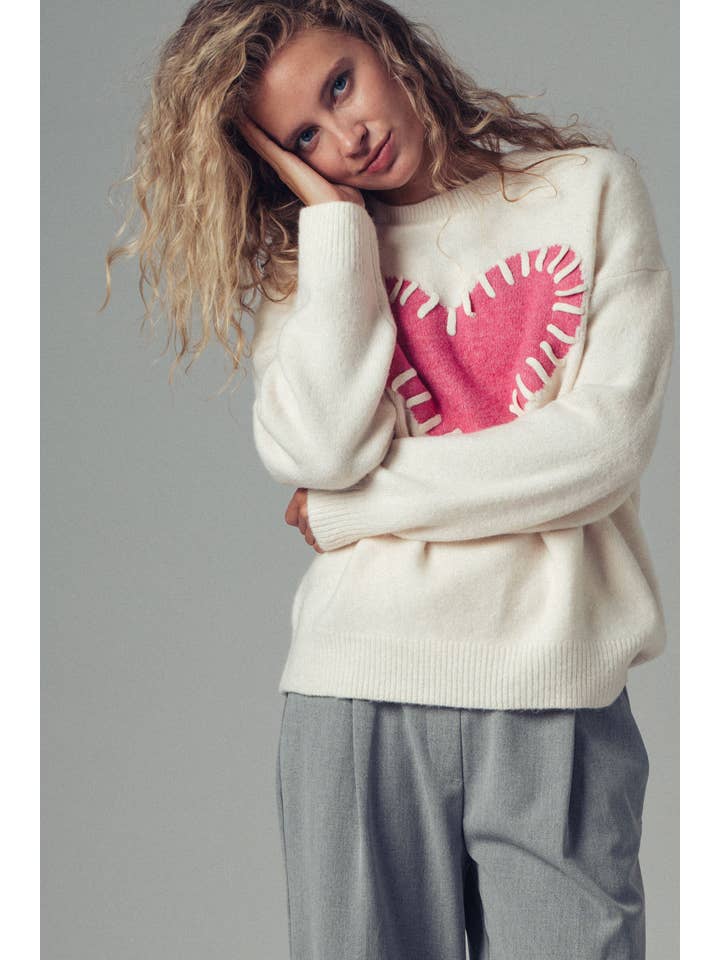 Ivory Cream Sweater with Pink Heart Applique Detail for wholesale on Faire3