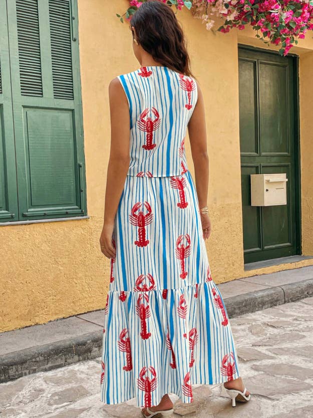 Blue Ariana Lobster & Stripe Print tie front tank top & skirt set for wholesale on Faire4