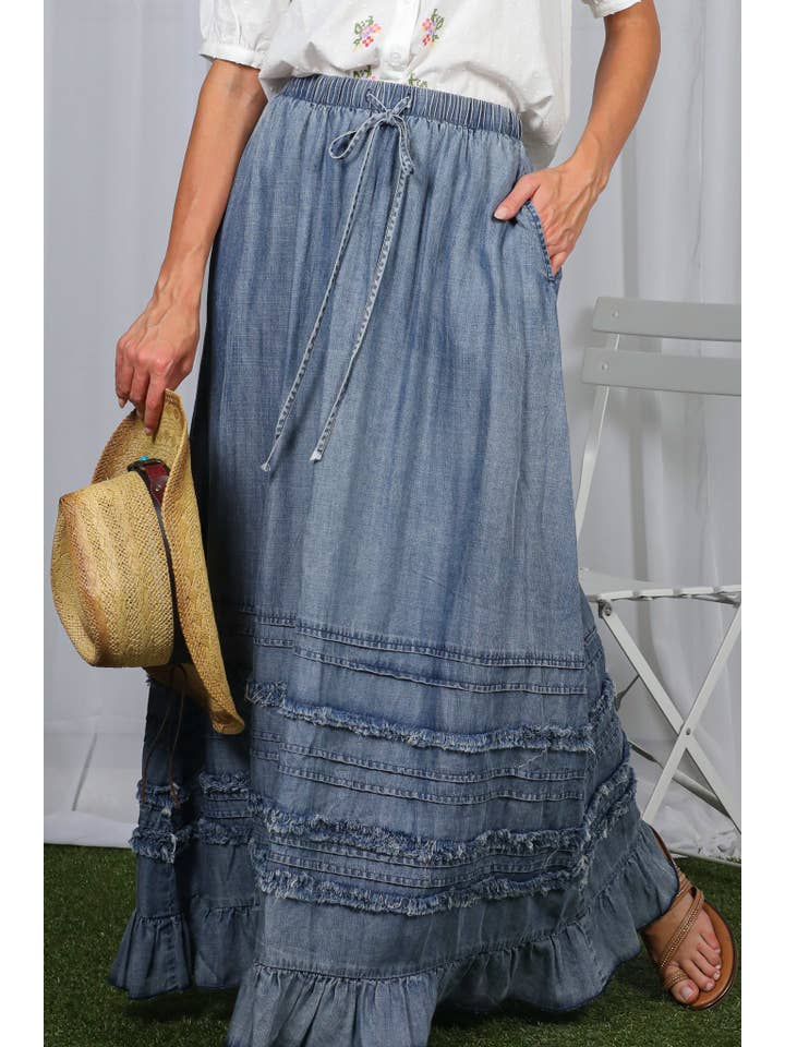 Vine & Love - Wholesale Skirt - Women's - Ruffle Frayed Hem Chambray Casual Western Maxi Skirt VS8315114