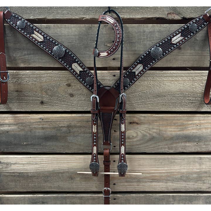 Rawhide Antique Silver Engraved Floral Western Conchos One Ear and Breastcollar Tack Set #OEBC632 for wholesale by Rodeo Drive
