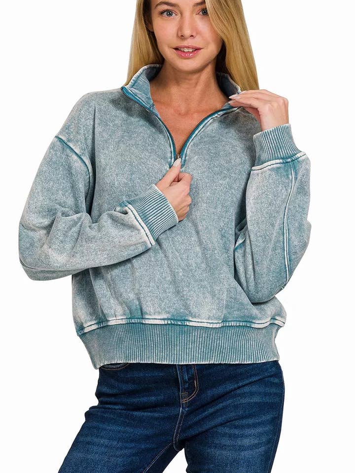 Felpa Zenana Acid Wash in Pile con Mezza Zip per la vendita all'ingrosso da parte di Garden Naked
