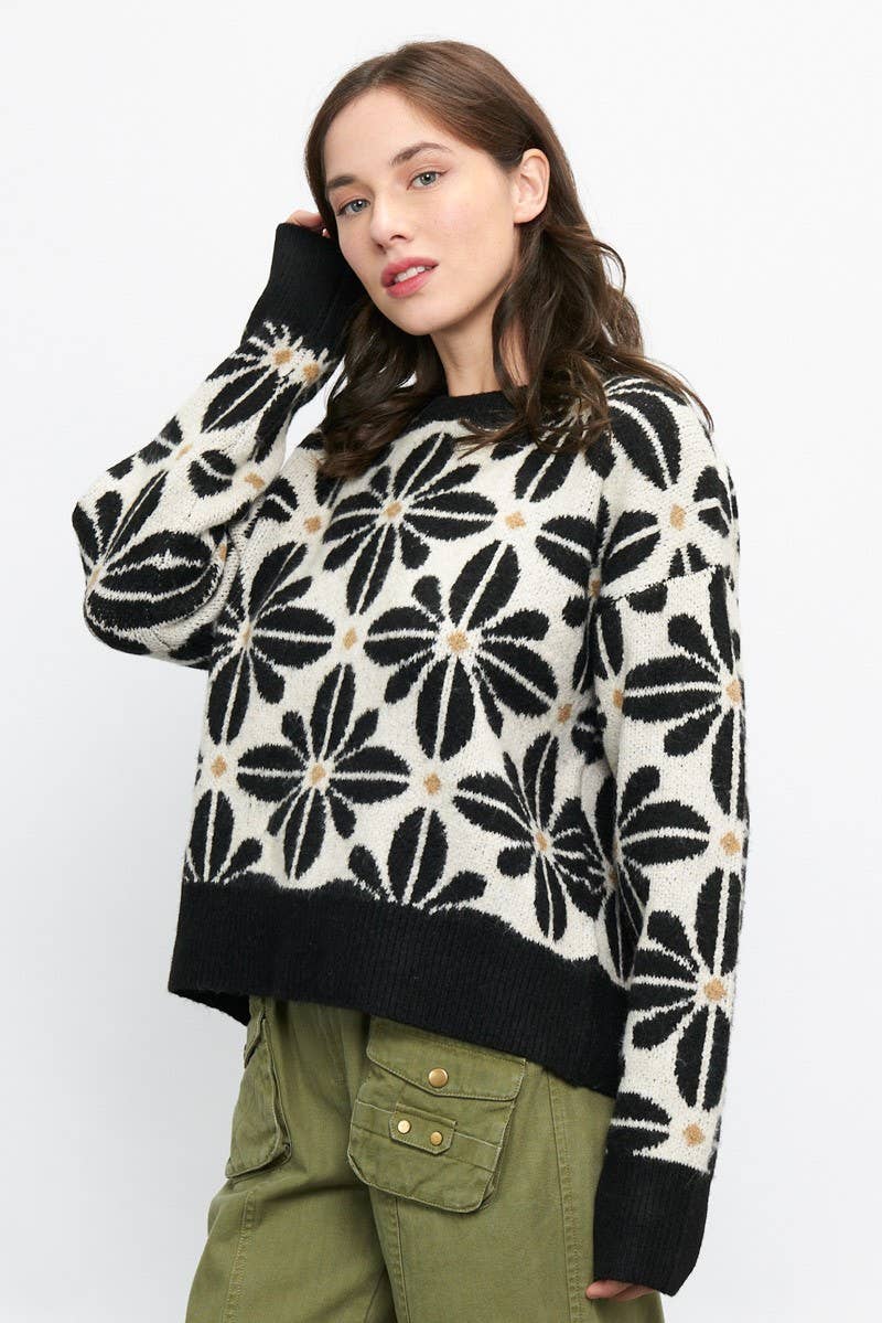 Newbury Kustom - Wholesale Knit Sweater - Women's - 11163-Floral Pattern Crew Neck Sweater15