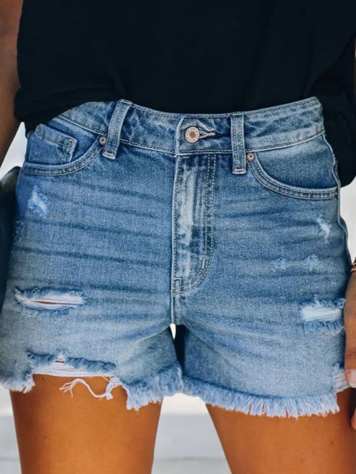 Blue Distressed Denim Shorts with Frayed Hem for wholesale on Faire