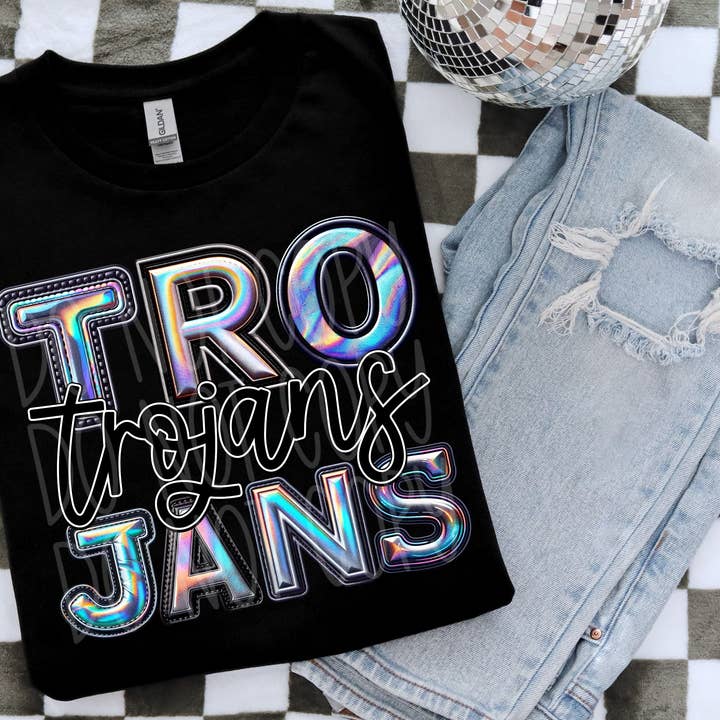 Trojans Faux Holographic T-Shirt | Trendy School Spirit Shirt | Fast Shipping | Super Soft Shirts for Men/Women/Kid's | Bella Canvas for wholesale by Red Dirt Transfers