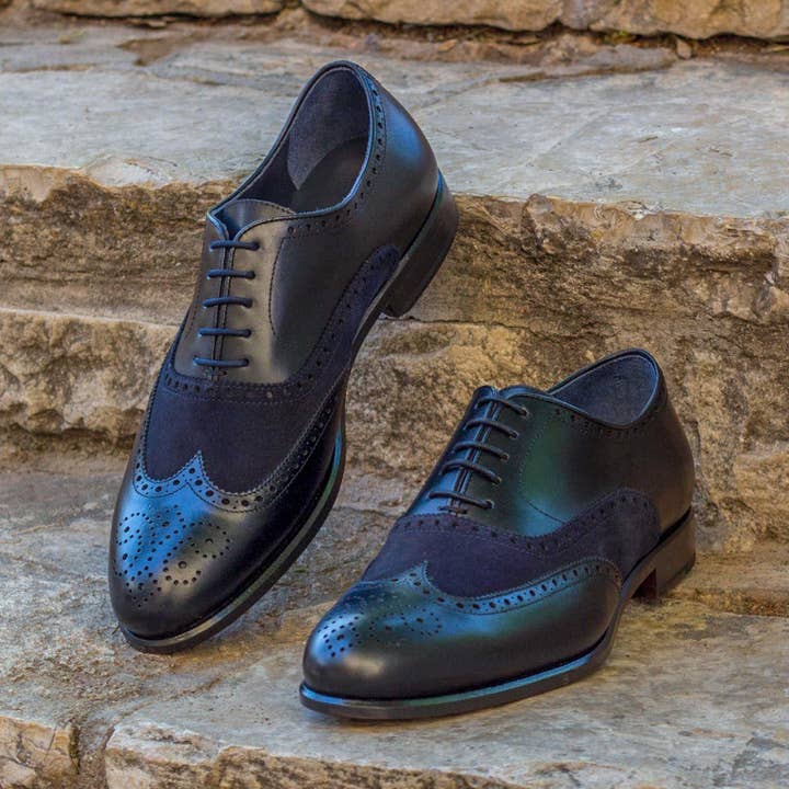Aeron Italian Leather & Lux Suede Full Brogue in Black / Navy for wholesale by DapperFam