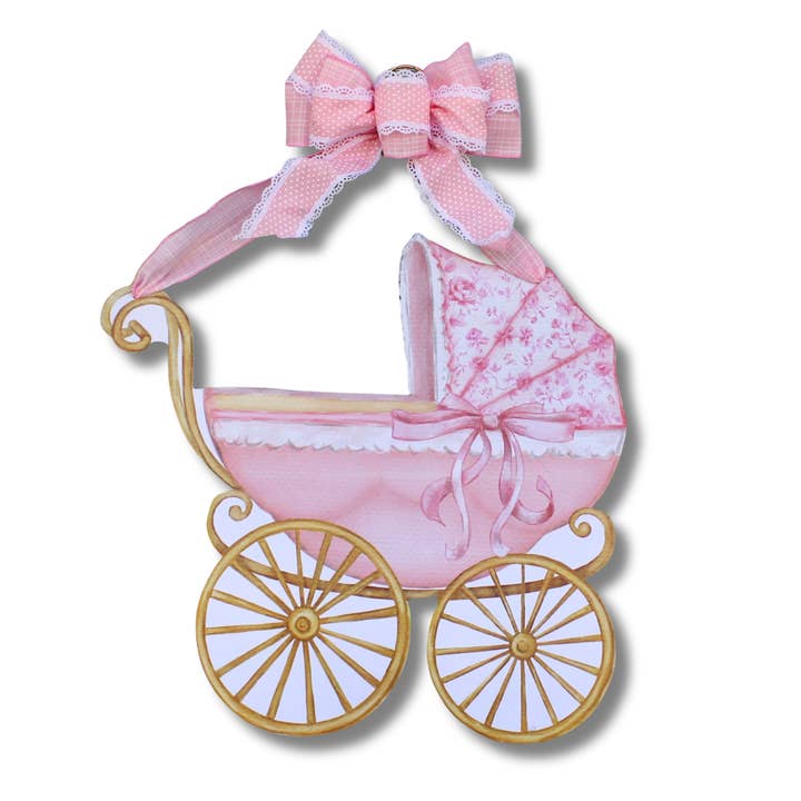 Front Porch Elegance - Wholesale Door Hanger - Pink Baby Carriage Door Hanger7