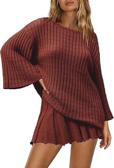 Rosa Clothing - Wholesale Top & Skirt Set - Women's - Waffle Knit Sweater Pleated Skirt Knit Set8