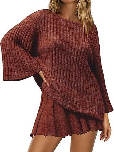 Rosa Clothing - Wholesale Top & Skirt Set - Women's - Waffle Knit Sweater Pleated Skirt Knit Set8