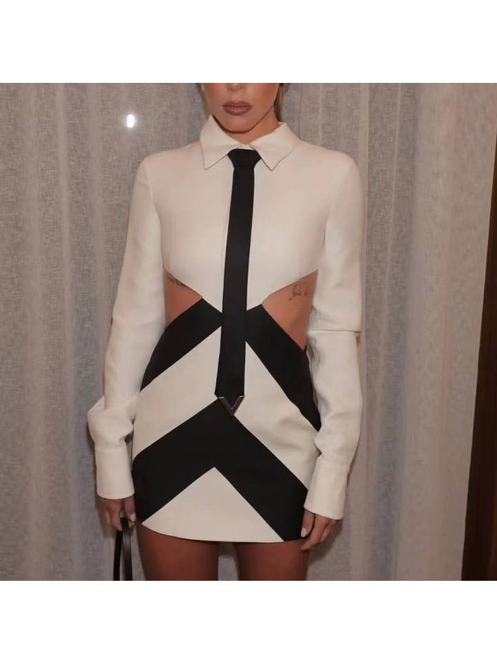 White DR0205 Chic Tie-Waist Hollow Dress in Monochrome for wholesale on Faire