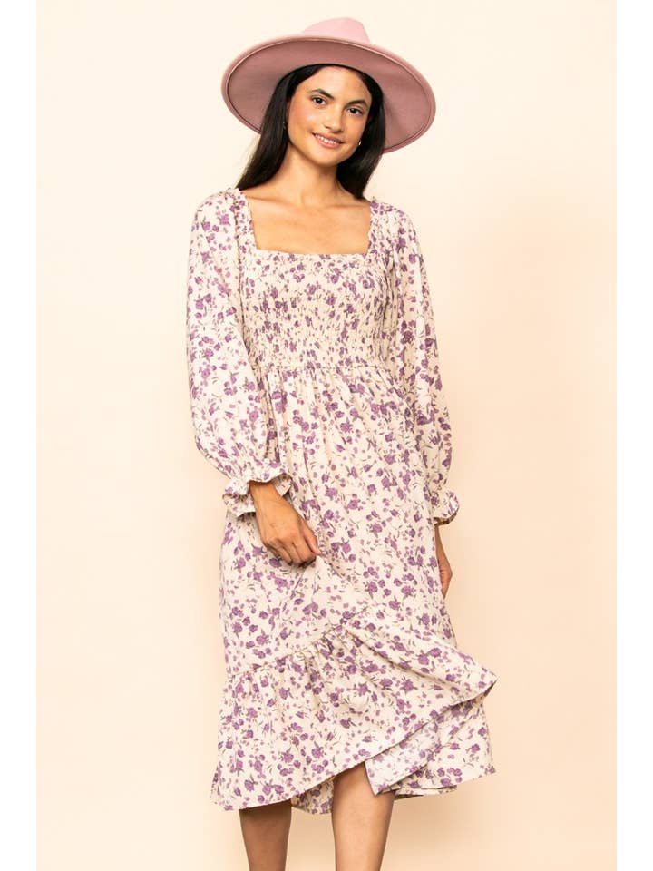 Elloh Collection - Wholesale Dress - Women's - Vintage Floral Smocked Long Sleeve Midi Dress with Pockets