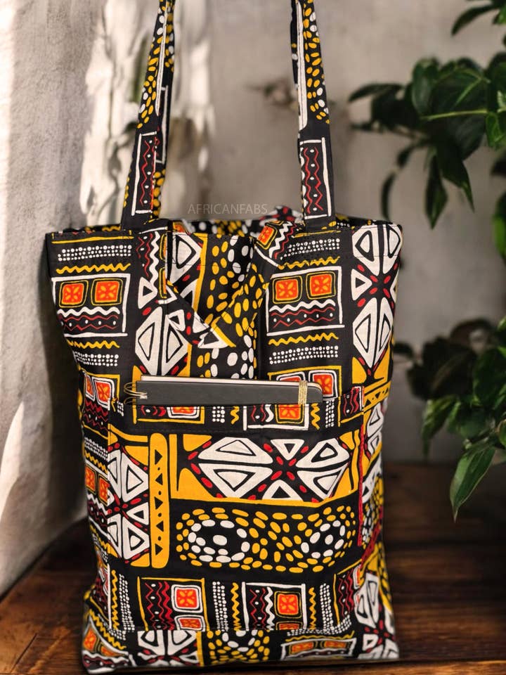 Shopper bag with African print - Yellow Bogolan - Reusable Cotton Tote Bag for wholesale by AfricanFabs