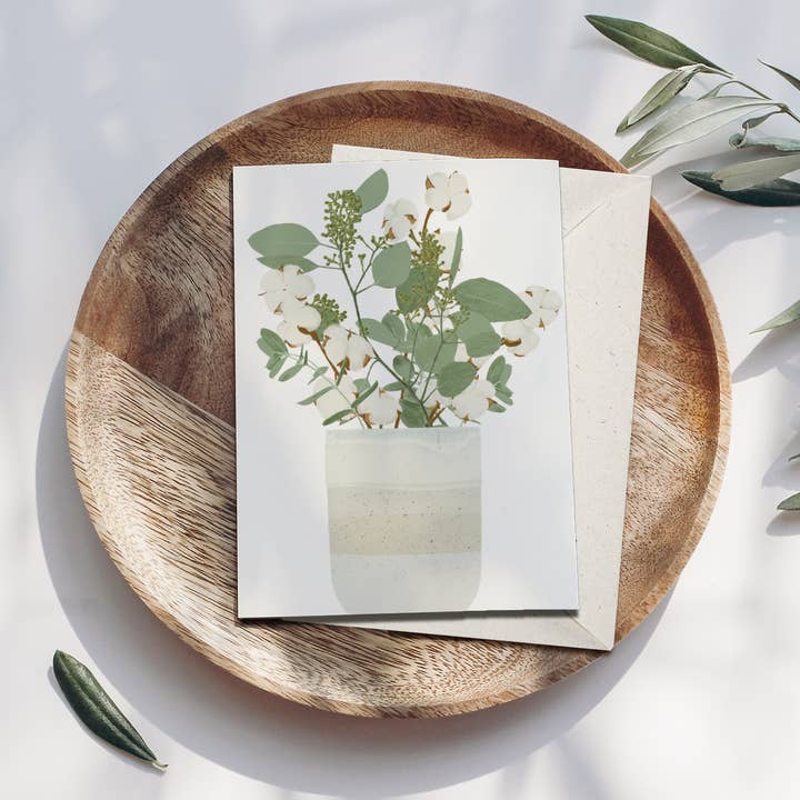 Wildblumen Atelier - Wholesale Wedding Card - Folded card: vase, eucalyptus, cotton, with envelope, FSC1