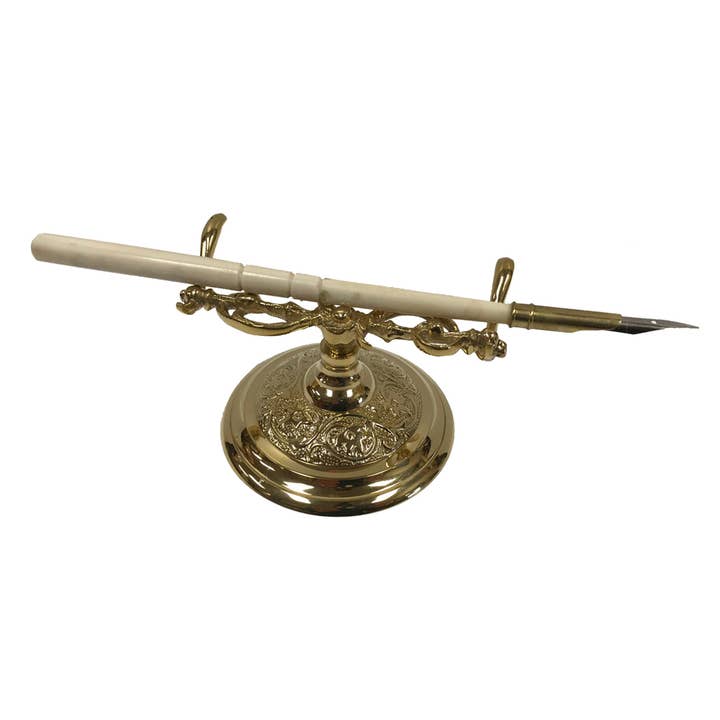 Madison Bay Co. - Historical Home Decor Reproductions - Wholesale Pen & Pencil Holder - 3-1/2" Polished Brass Pen Holder w/ Bone Nib Pen