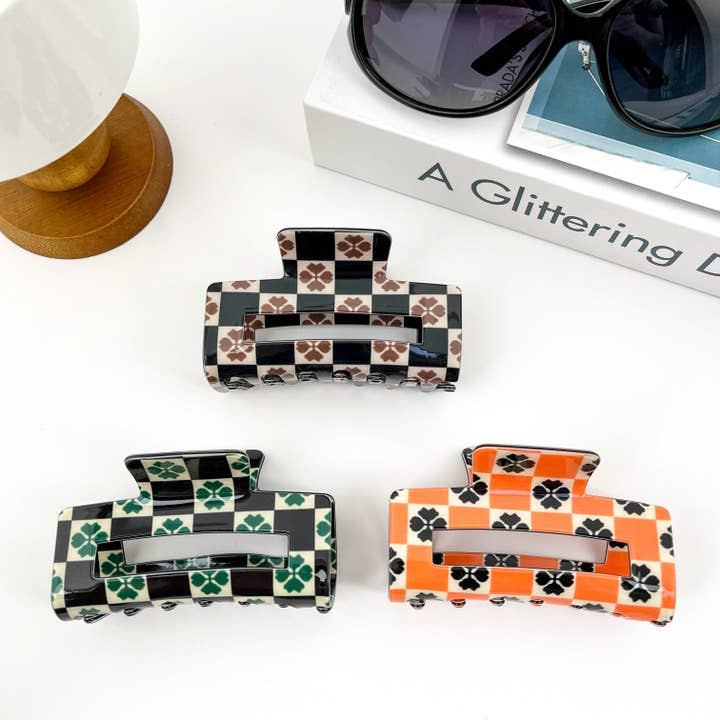 Checkerboard Four-Leaf Clover Hair Clip for wholesale by SoapElenGlen