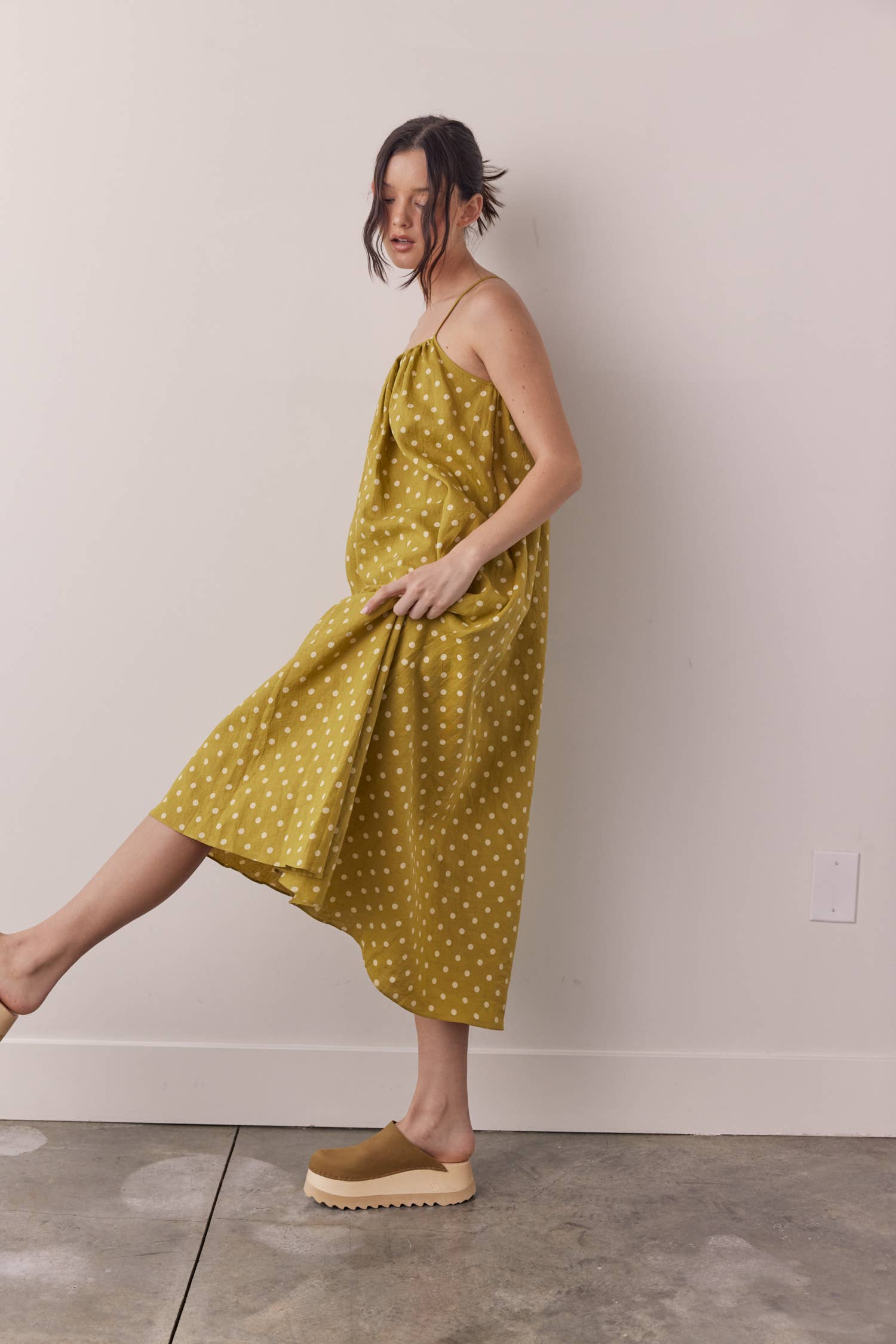Moss Linen Polka dot back tie ankle dress for wholesale on Faire4