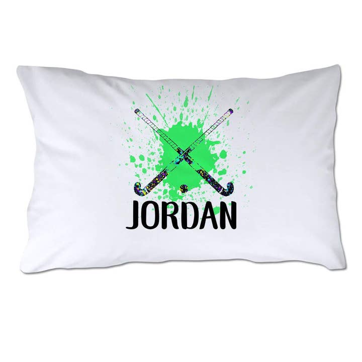 Personalized Splatter Paint Field Hockey Pillowcase for wholesale by 4 Wooden Shoes
