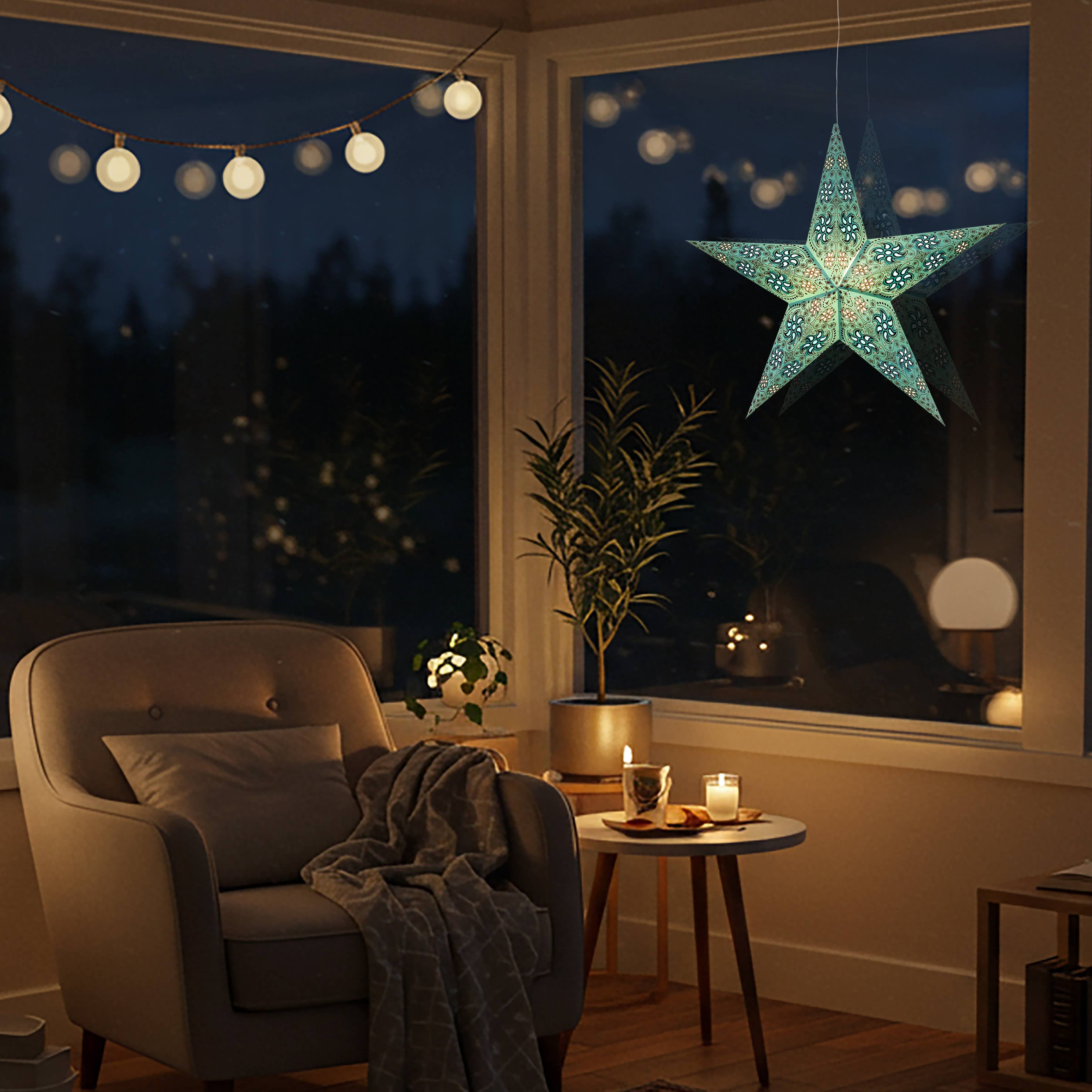 Artschatz LLC - Vente Lanterne/lampe en papier - Lanterne étoile en papier à paillettes Siklon 5 Pointer 24" turquoise1