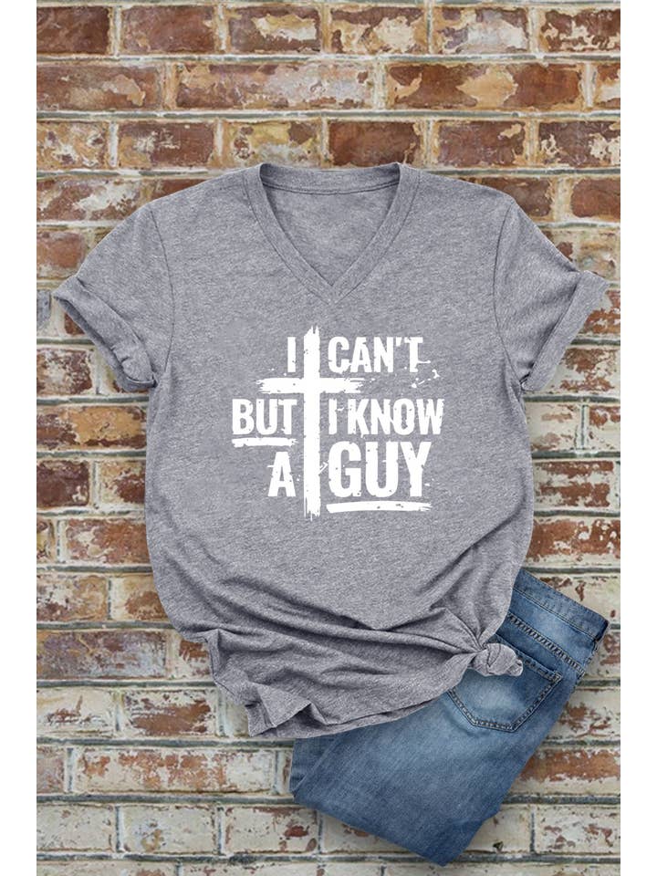 Top Avenue - Wholesale Screen Printed T-Shirt - Women's - I Cant But I Know A Guy Distressed Cross, Unisex V-Neck T-Shirt5