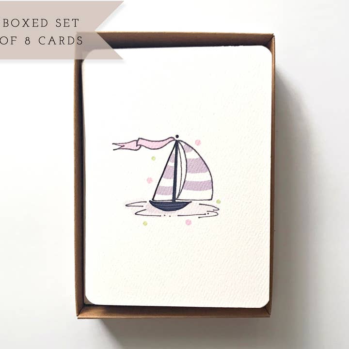 Stationery Boxed Set with Sail Boat, 8 blank Notecards for wholesale by H.macdo Paper Co.
