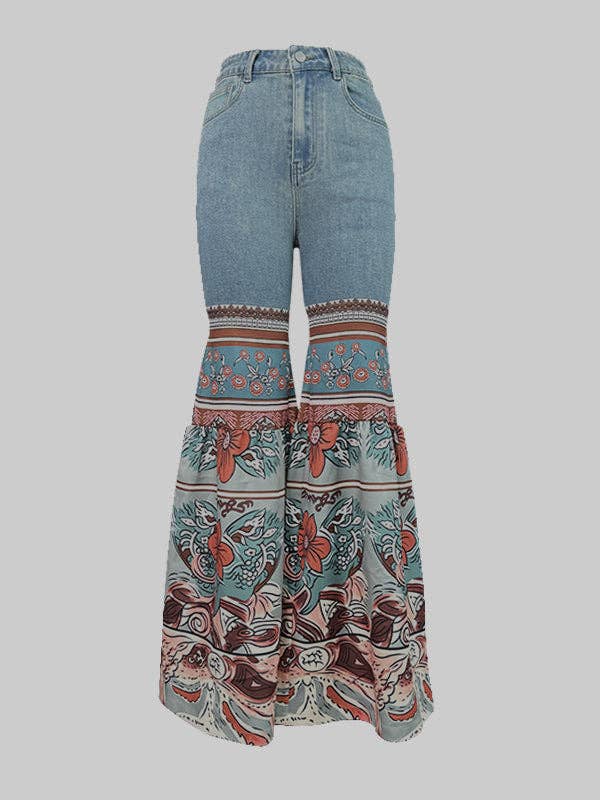 BLUE Flared Pants Floral Printed High-Waisted Pockets Jean Pants Bottoms for wholesale on Faire3