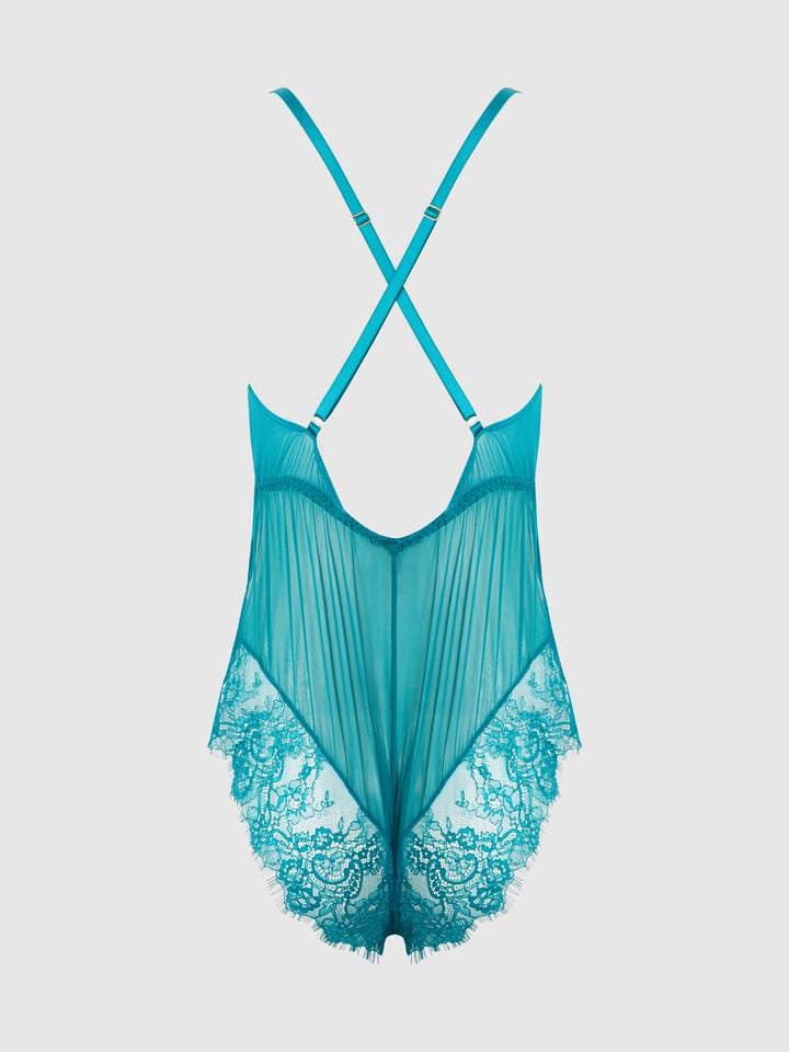 House of Desire – Engroshandel Bodysuit undertøj - Dame – Mila mesh- og øjenvippeblonde romper teddy med høj slids7