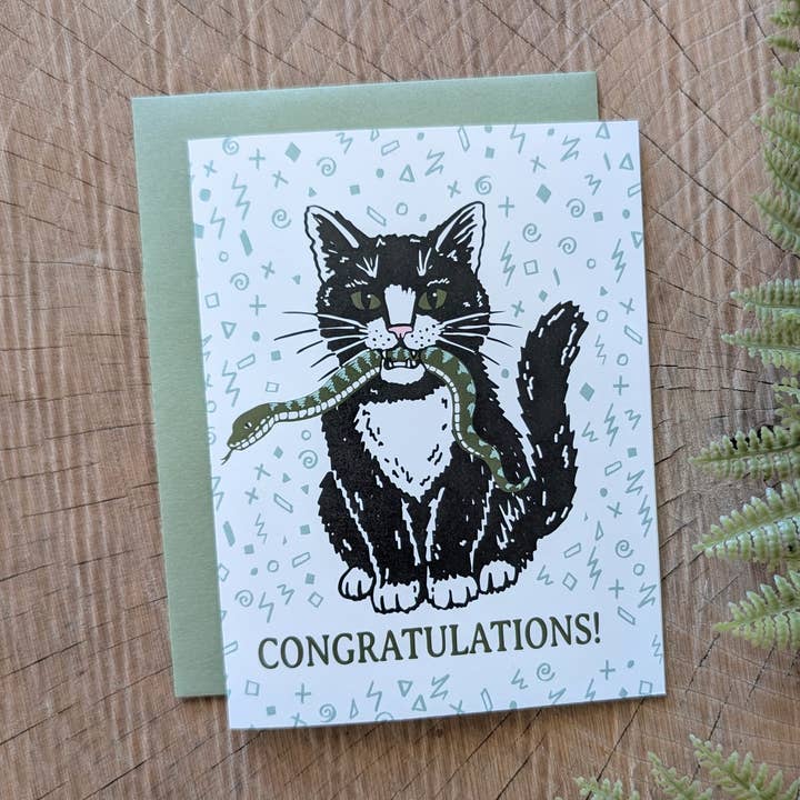 carte de vœux | félicitations chat avec serpent - diplôme, nouveau bébé, nouvel emploi, fiançailles pour la vente par ilikesara | art + goods