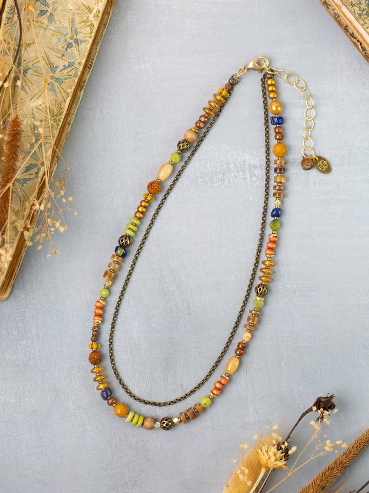 Azulejo 14,5-16,5" Gele Turkoois, Tsjechisch Glas, Bruine Heishe Multistrand Kettingen voor wholesale door Anne Vaughan Designs Jewelry