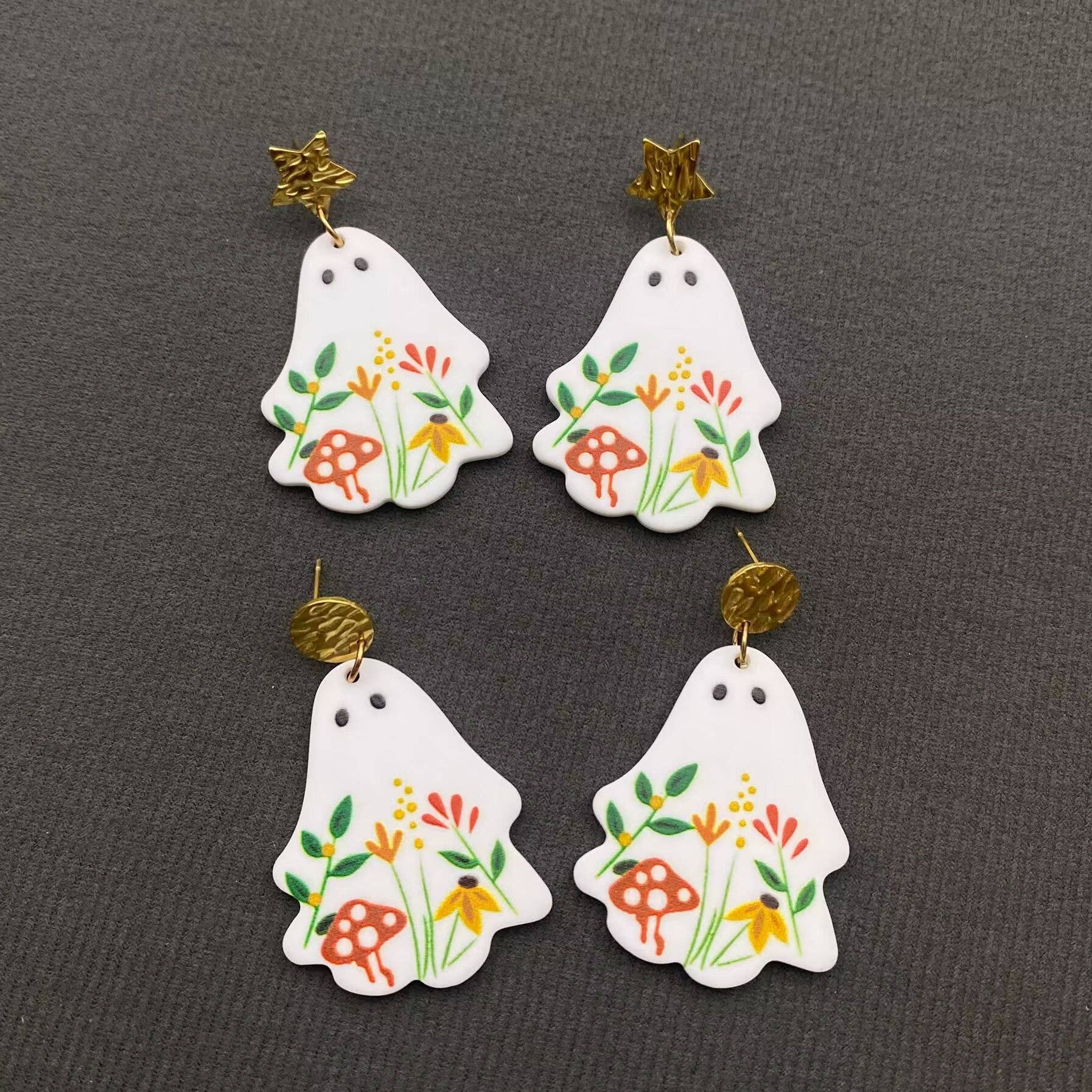 Mio Queena – wholesale Hängande örhängen – Halloween akrylblomma spöke 18K guld SS-stiftörhängen3