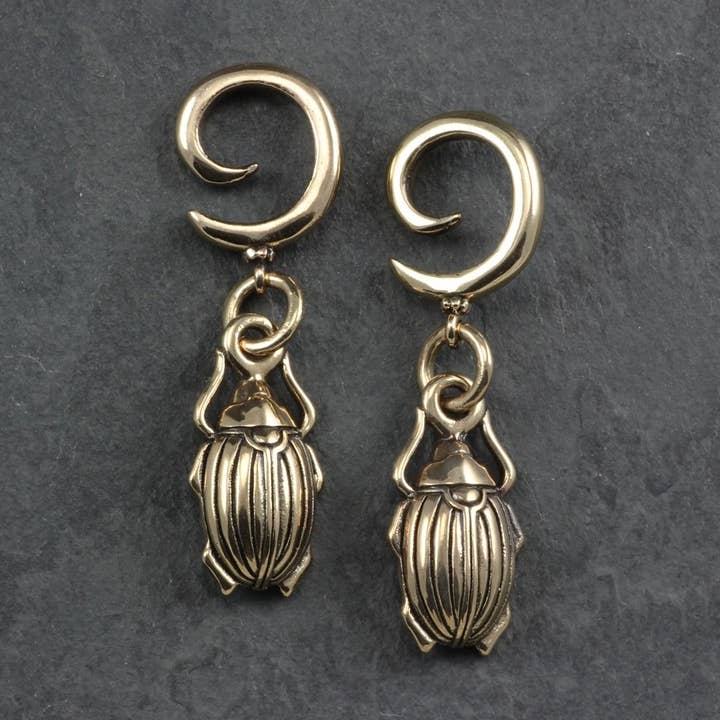 Scarab Beetle Gauged Spiral Earrings - Bronze for wholesale by Lost Apostle
