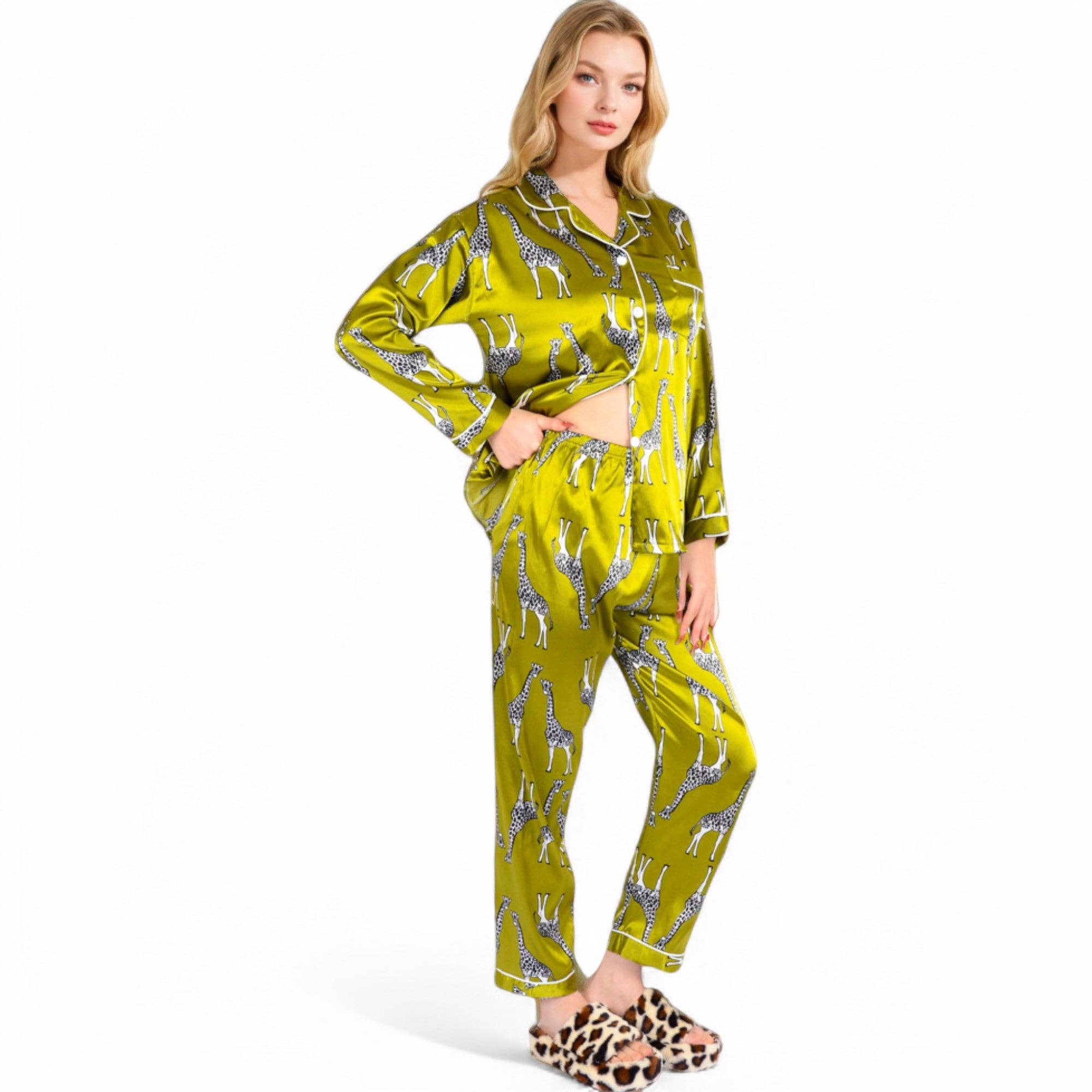 Yellow Satin Pajama Set with Giraffe Print and Button-Down Top for wholesale on Faire2