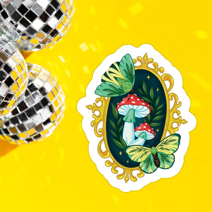 Moth Cottagecore Mushroom Waterproof Vinyl Sticker for wholesale by Stickers+ X Ashley Bexar