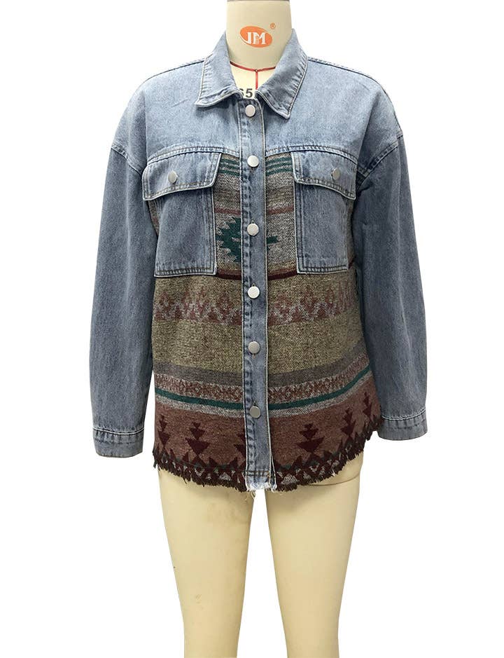 Rosa Clothing - Wholesale Denim Jacket - Women's - Vintage Ethnic AZTEC patchwork oversized denim jacket4
