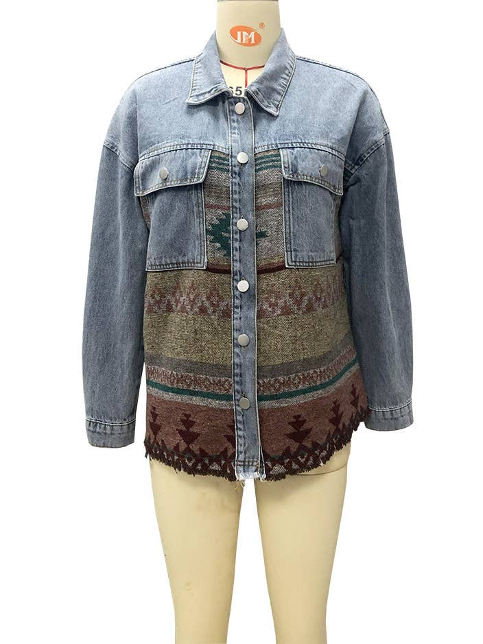 Rosa Clothing - Wholesale Denim Jacket - Women's - Vintage Ethnic AZTEC patchwork oversized denim jacket4