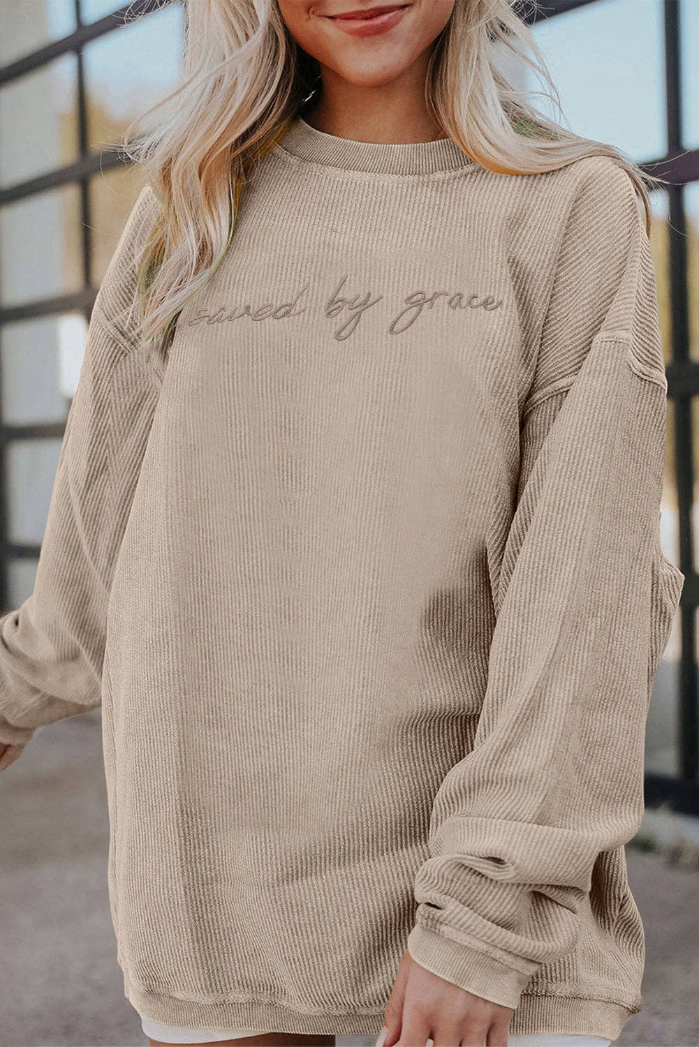 Suhkasana – wholesale Sweatshirt – Women's – Embroidered “saved by grace” Chunky Knit Crewneck Sweater12