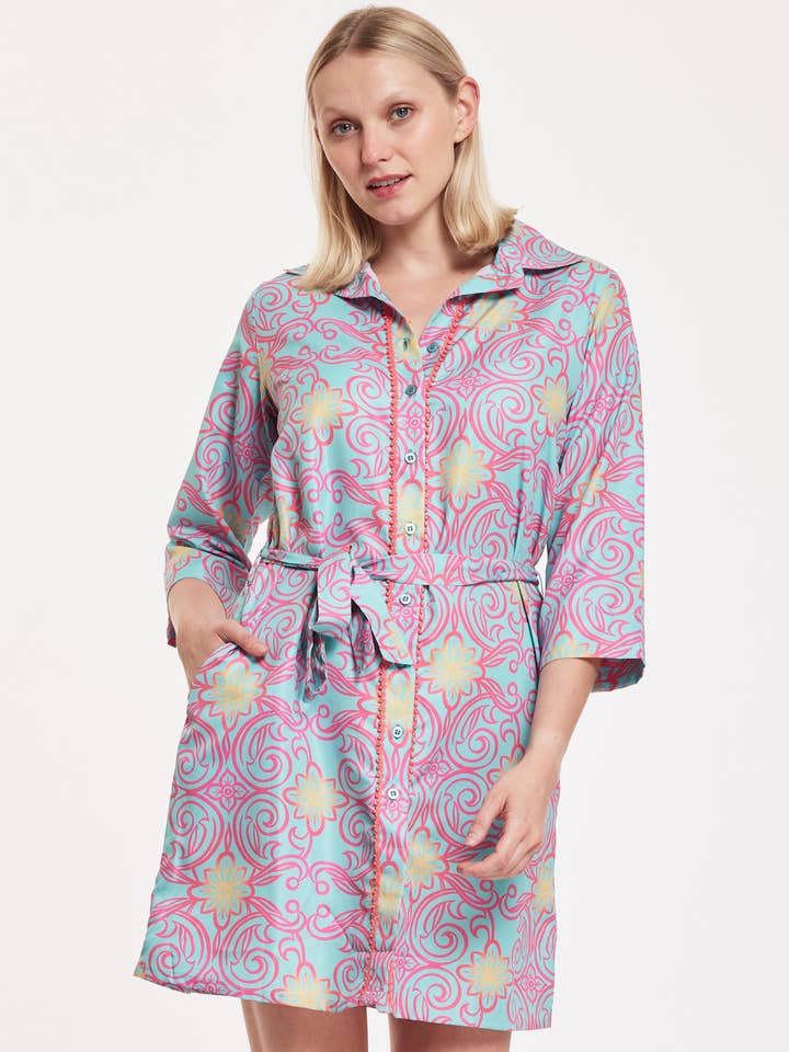 Carlotta Shirt Dress Majolica Arbor Blue Red Gold Spring for wholesale by ModaPosa