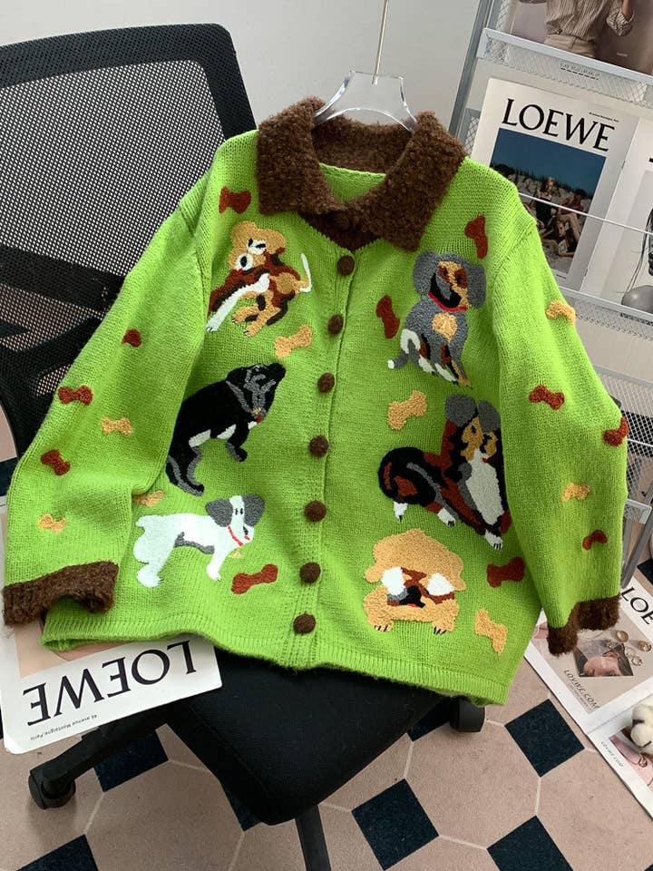 Rosa Clothing - Wholesale Cardigan - Women's - Cartoon puppy patterned Boxy Loose Knit Cardigan jacket4