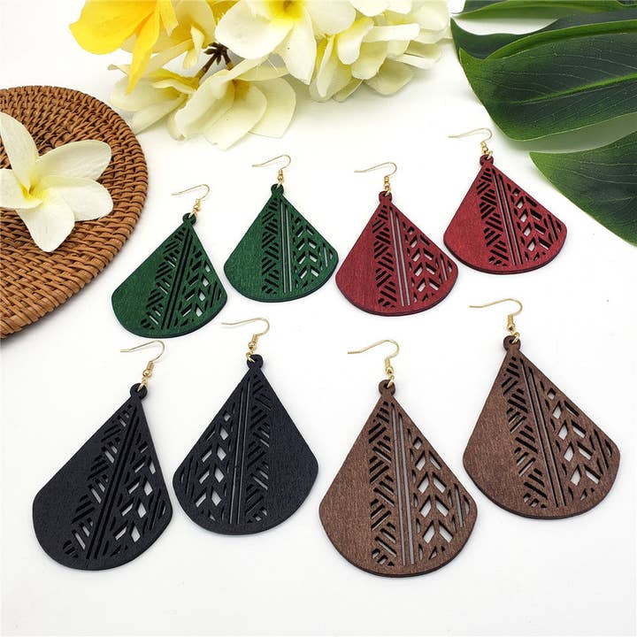 Carved Teardrop Hawaiian Wooden Earrings in Different Colors for wholesale by S&T Collections