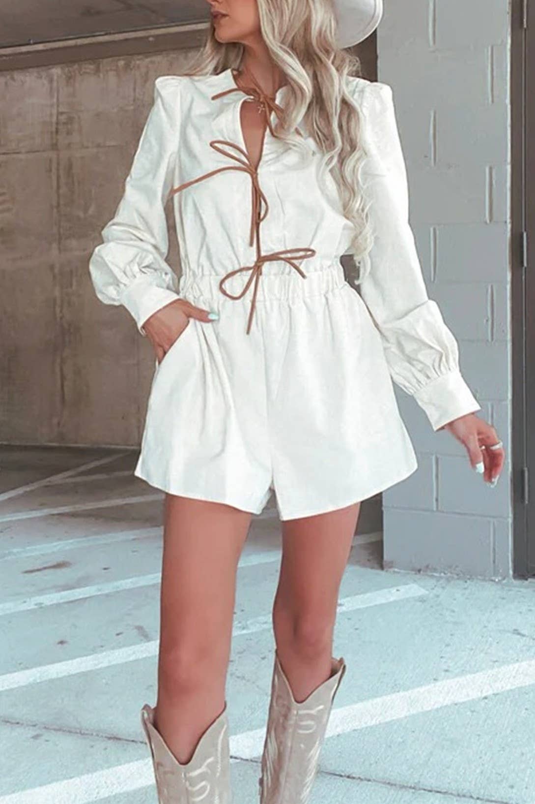Rosa Clothing - Wholesale Romper - Women's - contrast bow tie front closure long sleeve romper18