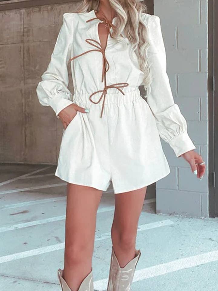 Rosa Clothing - Wholesale Romper - Women's - contrast bow tie front closure long sleeve romper18