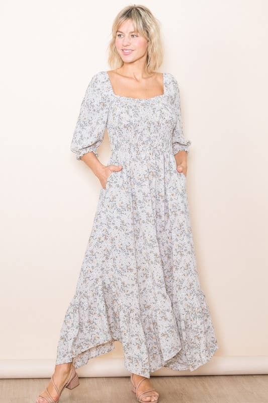 Elloh Collection – wholesale Dress – Women's – Sweetheart Half Sleeve Handkerchief Hem Floral Maxi Dress0