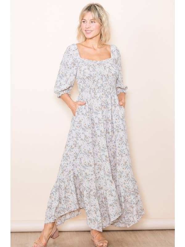 Elloh Collection – wholesale Dress – Women's – Sweetheart Half Sleeve Handkerchief Hem Floral Maxi Dress