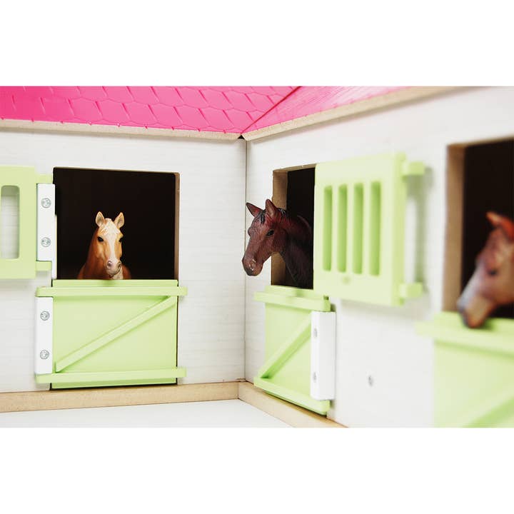 American Hobbies & Merchandising - Wholesale Wood Toy - Kids - Kids Globe 1:24 Scale Wood Horse stable Toy W/ 4 Stalls Pink
