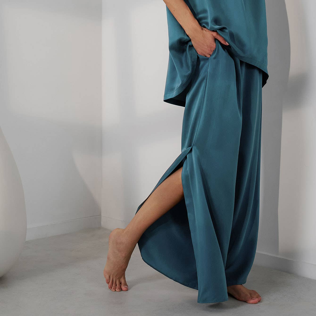 Pikant Teal Vaskbar Silke Tee Pant Set for engroshandel på Faire2