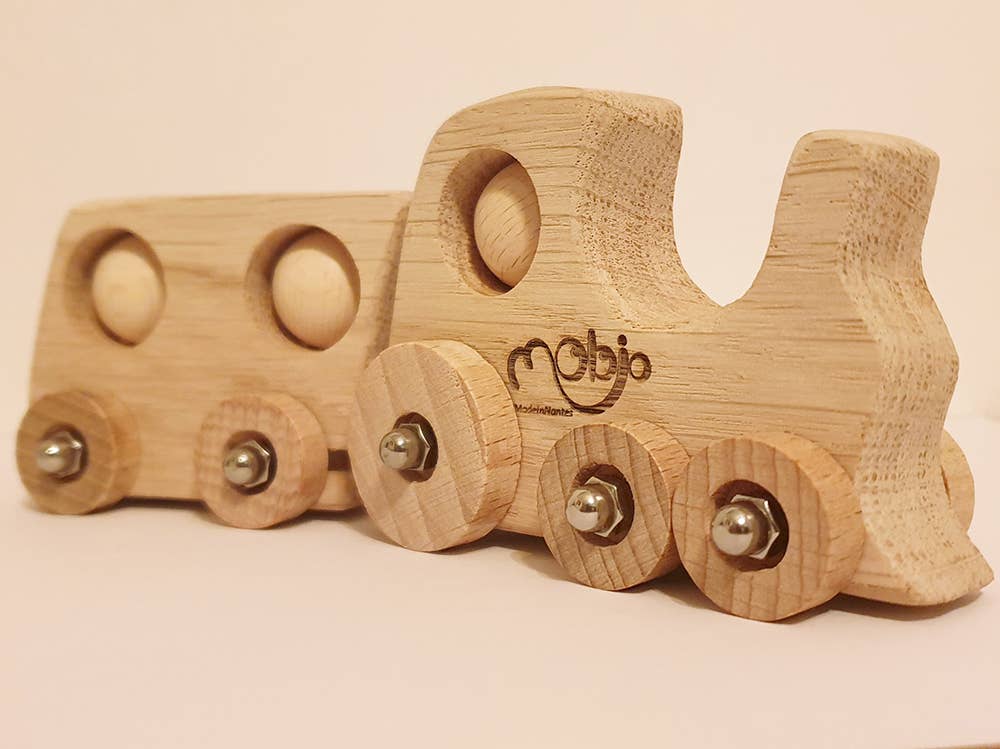 Mobjo - Vendita all'ingrosso Giocattolo in legno - Bambini - Piccolo treno in legno con locomotiva e carro articolato TchouJo0