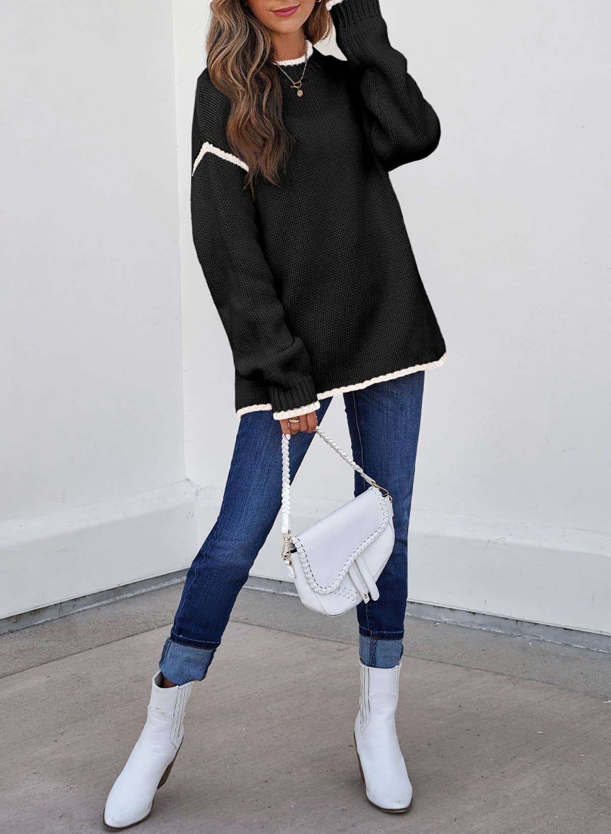 Anna Kaci Wholesale - Wholesale Knit Sweater - Women's - Crew Neck Knit Sweater with Red Trim Detail and Long Sleeves4