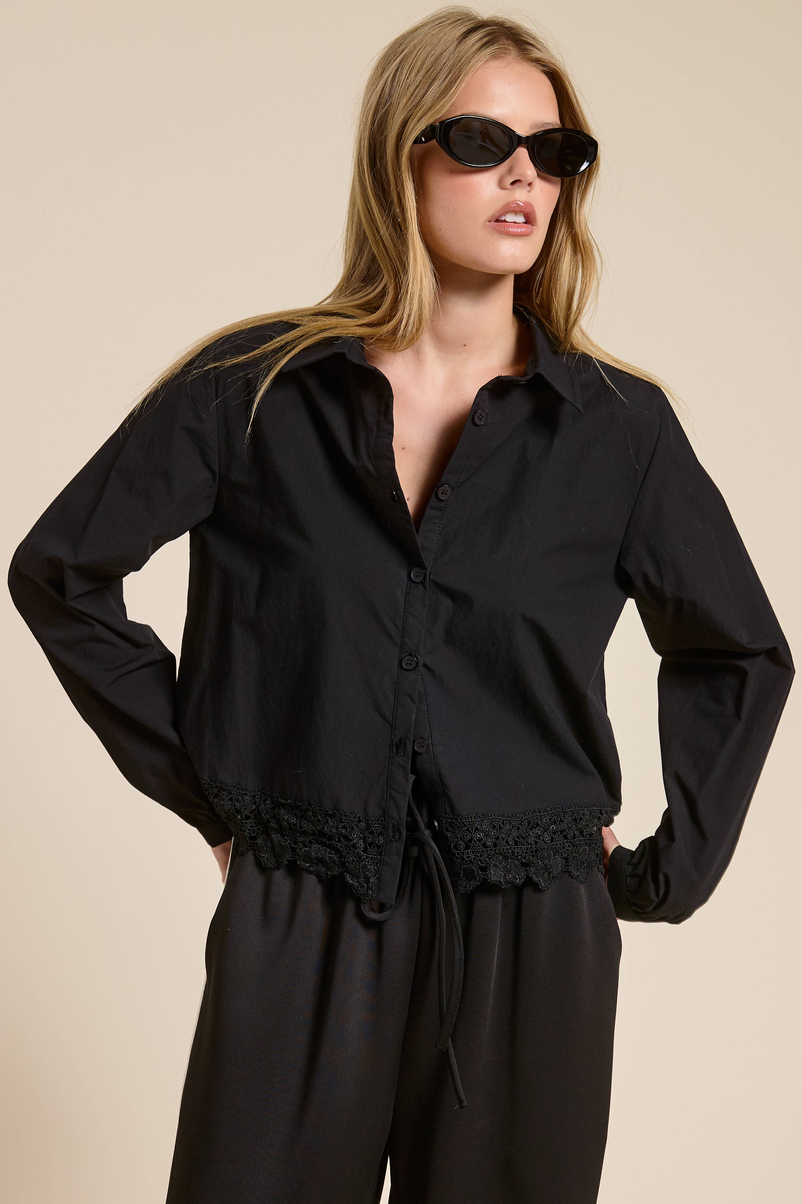 Mimosa - Wholesale Button Down Shirt - Women's - Embroidered Hem Button Down Blouse3
