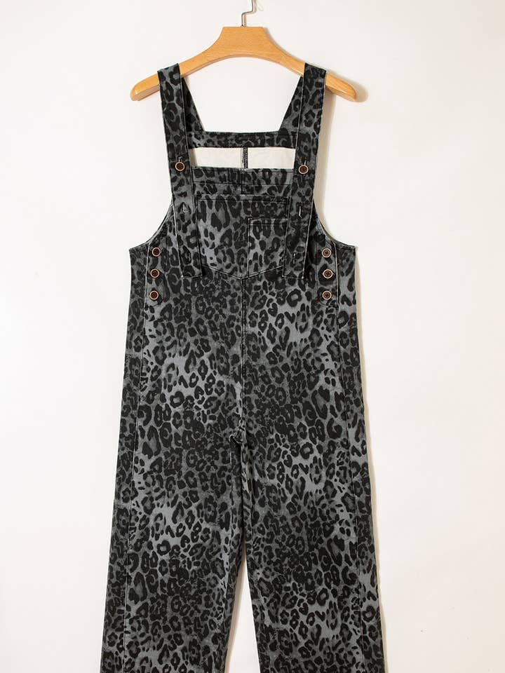 Grå leopardprint knap justerbare stropper beskåret løse denim overalls for engroshandel hos Sweet Lover Fashion