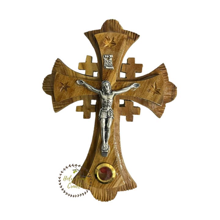 Olive Wood Jerusalem Cross with silver plated Corpus & 1 glass for wholesale by Holy Land Cradle