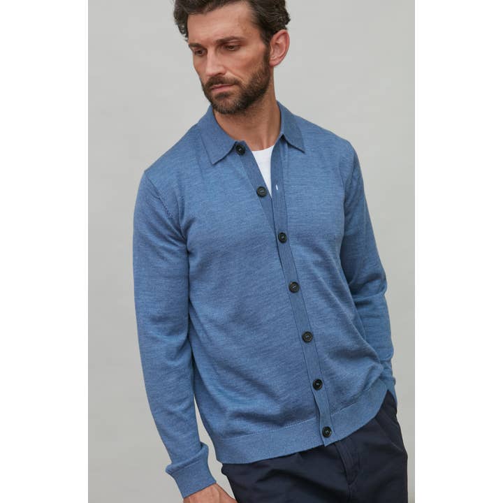 Cardigan da uomo in merino extrafine con collo polo per la vendita all'ingrosso da parte di Paul James Knitwear