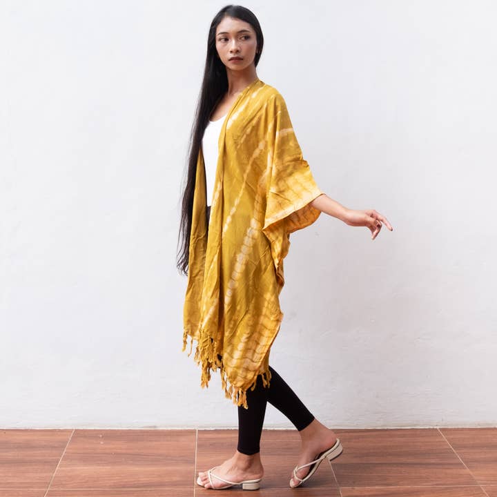 Bali Harvest - Vente Kimono – femme - Gilet kimono court tie dye à franges (olive) - Peignoir pull1